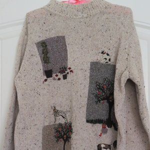 TAN JAY Dogs with Sequins Oatmeal Sweater Crew Neck MEDIUM (K91)